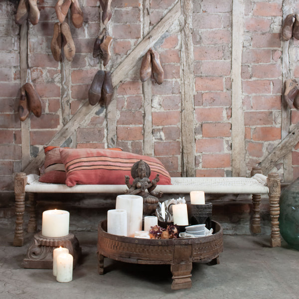 Indian Carved Chakki Table - natural wood