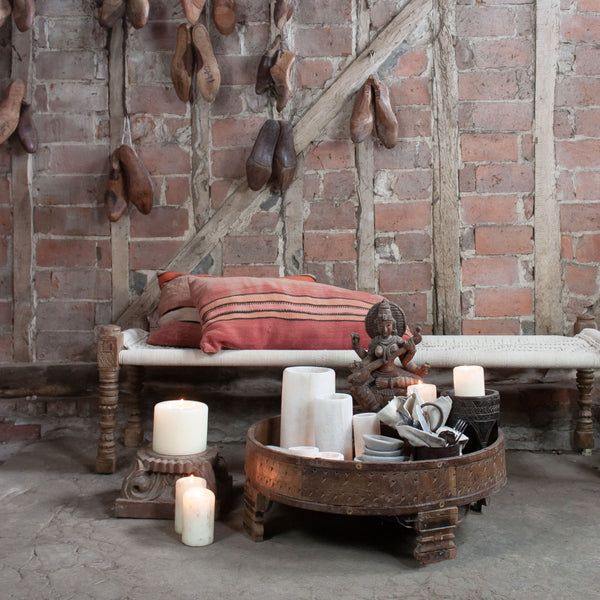 Indian Carved Chakki Table - natural wood