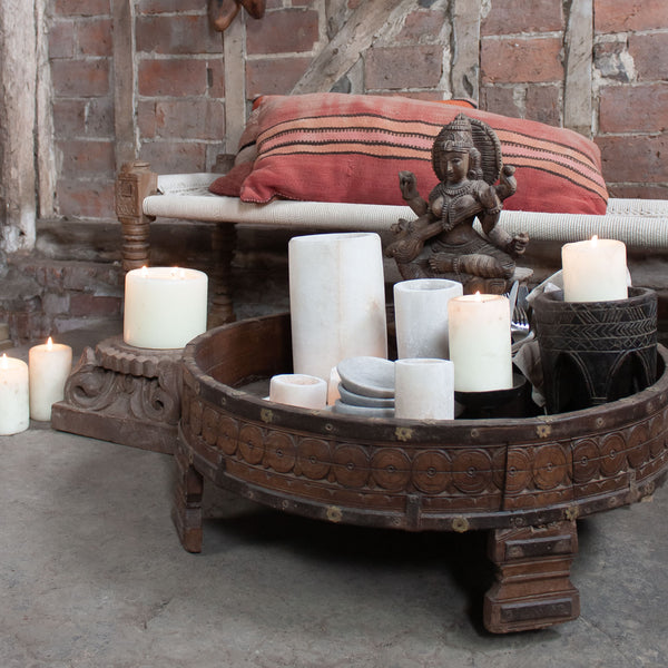 Indian Carved Chakki Table - natural wood