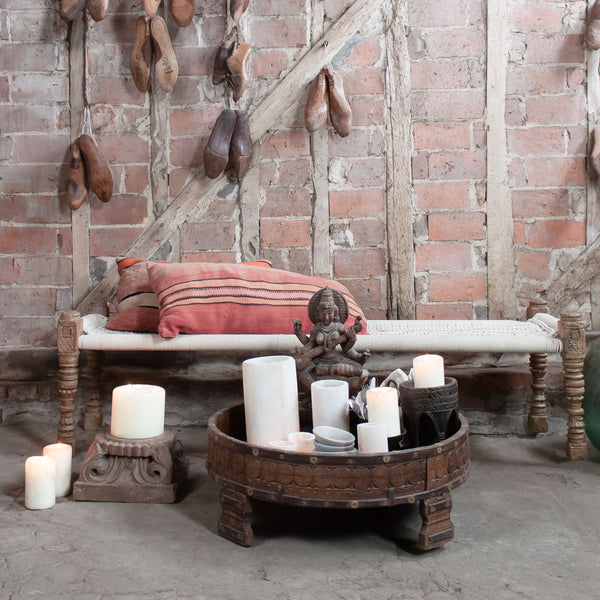 Indian Carved Chakki Table - natural wood