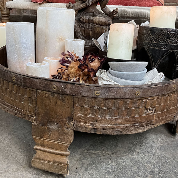 Indian Carved Chakki Table - natural wood