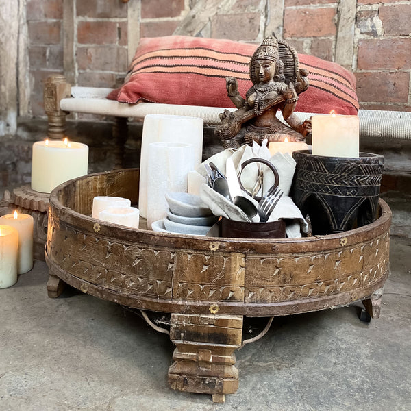 Indian Carved Chakki Table - natural wood