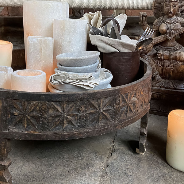Indian Carved Chakki Table - natural wood