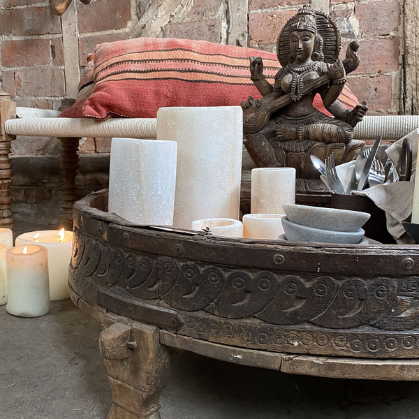 Indian Carved Chakki Table - natural wood