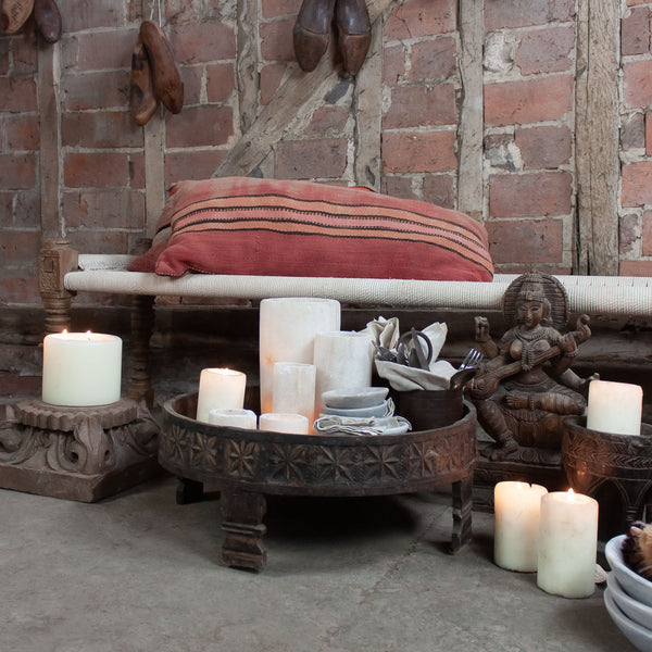 Indian Carved Chakki Table - natural wood