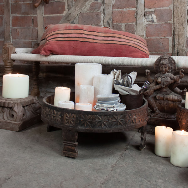 Indian Carved Chakki Table - natural wood