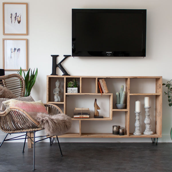 Reclaimed Wooden Bookcase With Metal Hairpin Legs