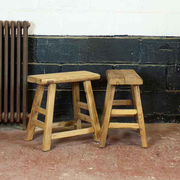 Pair of Rustic Reclaimed Elm Stools