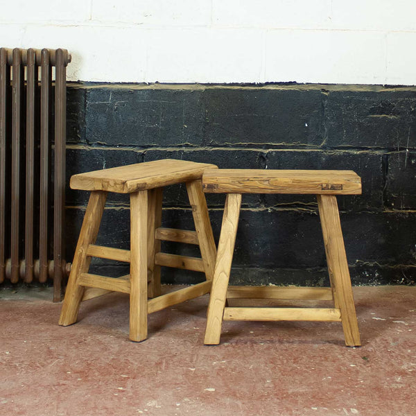 Pair of Rustic Reclaimed Elm Stools
