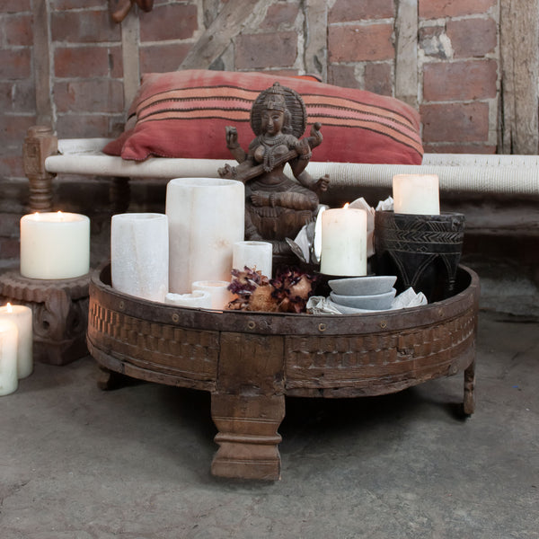 Indian Carved Chakki Table - natural wood
