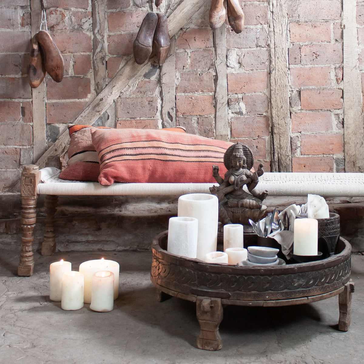 Chaki Table Set Indian Carved Chakki Table - Natural Wood – InekoHome